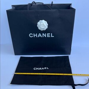 CHANEL Black Shopping Bag with White Camellia Logo & Black Dust Cover